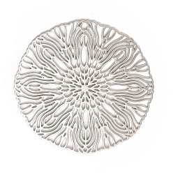 Platinum Rack Plating Brass Filigree Pendants, Long-Lasting Plated, Flat Round with Flower, Platinum, 30x0.3mm, Hole: 1.2mm