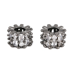 Черный Цвет Металла Латунь микропаве прозрачный кубический цирконий европейский бисер, колесо рондель, бусина с большим отверстием, долговечный, стойки покрытие, без свинца и без кадмия, металлический черный , 9x6 мм, отверстие : 4 мм