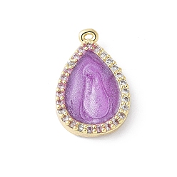 Фиолетовый Латунные микро проложить кубического циркония подвески, с эмалью, слезинки, стойки покрытие, долговечный, без свинца и без кадмия, реальный 18 k позолоченный, фиолетовые, 18x11.5x3 мм, отверстие : 1 мм