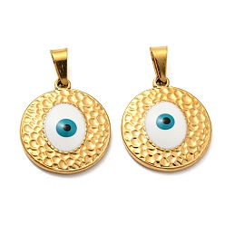 White Ion Plating(IP) 304 Stainless Steel Pendants, with Enamel, Flat Round with Evil Eye Charm, Golden, White, 18x16x2.5mm, Hole: 5.5x3.5mm