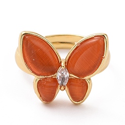 Orange Red Cat Eye Butterfly Adjustable Ring with Clear Cubic Zirconia, Real 18K Gold Plated Brass Jewelry for Women, Cadmium Free & Lead Free, Orange Red, Inner Diameter: 18~21mm