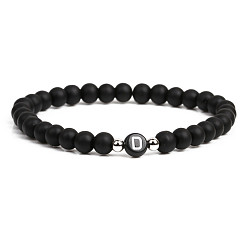 Dumb Black Stone 6mm Matte Agate Stone Beaded Letter Bracelet for Men and Couples Jewelry