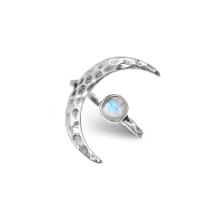 Silver Natural Moonstone with Crescent Moon Open Cuff Ring, Alloy Jewelry for Women, Silver, Inner Diameter: 20mm