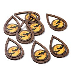Bat Halloween Theme Single Face Printed Aspen Wood Big Pendants, Teardrop Charm, Bat Pattern, 54.5x34x2.5mm, Hole: 1.6mm