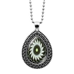 Medium Aquamarine Glass Teardrop with Mandala Flower Pendant Necklace with Ball Chains, Platinum Alloy Jewelry for Women, Medium Aquamarine, 23.62 inch(60cm)