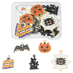 Mixed Color 12Pcs 6 Style Halloween Theme Alloy Enamel Pendants, Bat & Spider & Pumpkin & Cake, Mixed Color, 14.5~33x15~30x1~3mm, Hole: 1~2mm, 2pcs/style