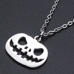 Stainless Steel Color For Halloween, 201 Stainless Steel Pendant Necklaces, with Cable Chains and Lobster Claw Clasps, Pumpkin Jack-O'-Lantern Jack-o-Lantern, Stainless Steel Color, 15.74 inch(40cm), 1.5mm