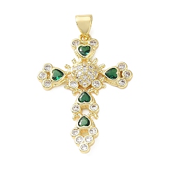 Морско-зеленый Латунные микро проложить кубического циркония подвески, пасхальные подвески в виде креста в форме сердца, реальный 18 k позолоченный, цвета морской волны, 32x22.5x3.5 мм, отверстие : 4x3 мм