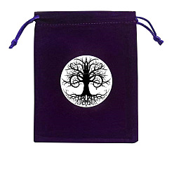 Black Rectangle Velvet Jewelry Storage Pouches, Tree of Life Printed Drawstring Bags, Black, 15x12cm