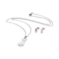 Stainless Steel Color 304 Stainless Steel Puppy Jewelry Sets, Cable Chains, Pendant Necklaces and Stud Earrings, with Ear Nuts/Earring Back, Chihuahua Dog, Stainless Steel Color, 17.8 inch(45.4cm), 1.5mm, 10x6mm, Pin: 0.8mm