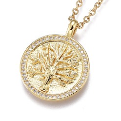 Golden Brass Micro Pave Clear Cubic Zirconia Pendant Necklaces, with 304 Stainless Steel Cable Chains, Flat Round with Tree, Golden, 17.72 inch(45cm)