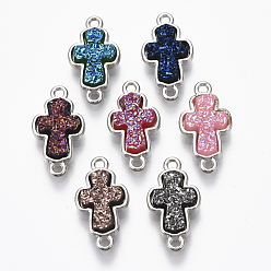Mixed Color Alloy Links, with Druzy Resin Cabochons, Cross, Platinum, Mixed Color, 19x10.5x4mm, Hole: 1.4mm