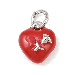 Красный Латунь эмаль прелести, Сердце с розой, с целью перехода в кольце, без кадмия и без свинца, стойки покрытие, долговечный, платина, красные, 9.5x8x4 мм, отверстие : 3 мм