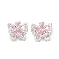 Pink Латунные микро проложить кубического циркония бусы, бабочка, 925 серебро покрытием, розовые, 11x13x7 мм, отверстие : 1.4 мм