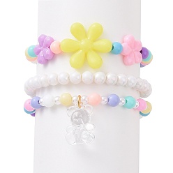 Mixed Color 3Pcs 3 Style Acrylic Flower Beaded Stretch Bracelets Set with Bear Charms for Kids, Mixed Color, Inner Diameter: 1-7/8 inch(4.8cm), 1Pc/style