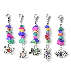 Mixed Stone Tibetan Style Alloy Pendant Decorations, Gemstone Bead and 304 Stainless Steel Lobster Claw Clasps Charms, Mixed Shapes, 63~72.5mm