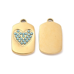 Turquoise Vacuum Plating 201 Stainless Steel with Rhinestone Pendants, Real 18K Gold Plated, Rectangle with Heart Pattern Charms, Turquoise, 20x12.5x2mm, Hole: 1.2x2.5mm