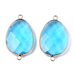 Deep Sky Blue Glass Links Connectors, with Golden Plated Brass Edge and Loop, Faceted, Oval, Deep Sky Blue, 38~39x23x7mm, Hole: 2.5mm