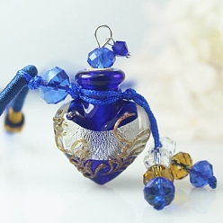 Blue Lampwork Heart Perfume Bottle Pendant Necklace with Braided Rope, Essential Oil Vial Necklace with Bead Tassel Charm for Women, Blue, 17.72~25.59 inch(45~65cm)