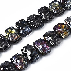 Black Plated Electroplate Glass Beads Strand, Half Plated, Lotus Flower, Black Plated, 10.5x14x6~7mm, Hole: 1mm, about 65pcs/strand, 24.02 inch~ 24.41 inch(61~62cm)