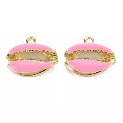 Pearl Pink Rack Plating Alloy Pendants, with Enamel, Cadmium Free & Lead Free, Cowrie Shell, Light Gold, Pearl Pink, 16.5x19x5.5mm, Hole: 1.6mm