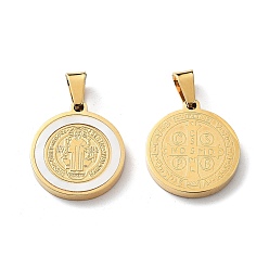 Golden 304 Stainless Steel Pendants, with Shell, Flat Round with Saint Benedict, Golden, 20x18x2.5mm, Hole: 6.5x4.5mm