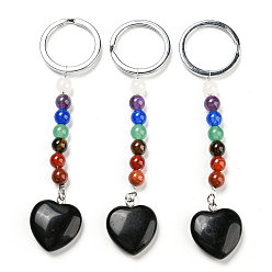 Obsidian Natural Obsidian Heart Pendant Keychain, with 7 Chakra Gemstone Beads and Platinum Tone Brass Findings, 10cm