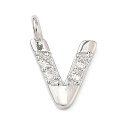 Letter V Латунные микропаве прозрачные подвески с фианитом, без кадмия и без свинца, долговечный, стойки покрытие, платина, Буква V, 18x12.5x2.5 мм, отверстие : 2.5 мм
