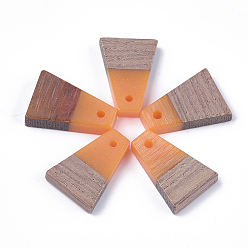 Orange Resin & Wood Pendants, Trapezoid, Orange, 18x12.5x3~4mm, Hole: 2mm