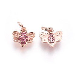 Розовое Золото Латунные микро проложить кубического циркония прелести, Пчелы, красочный, розовое золото , 10x11x2 мм, отверстие : 3 мм