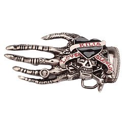Black Zinc Alloy Enamel Buckles, Gothic Skull Skeleton Hand Heart Belt Fastener, for Men's Belt, Black, 130x65mm