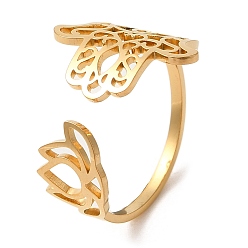 Golden 304 Stainless Steel Open Cuff Ring, Hamsa Hand & Lotus Flower, Golden, US Size 9(18.9mm)