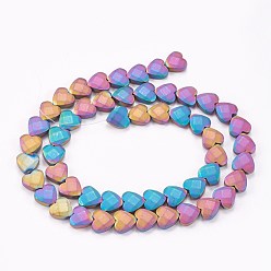 Multi-color Plated Electroplate Non-magnetic Synthetic Hematite Beads Strands, Frosted, Faceted, Heart, Multi-color Plated, 8x8x3mm, Hole: 0.5mm, about 54pcs/strand, 15.94 inch(40.5cm)