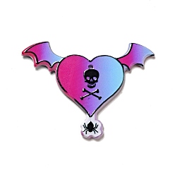 Heart Halloween Printed Acrylic Pendants, Heart with Skull & Bat Charm, 34x45x2.5mm, Hole: 1.6mm