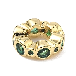 Зеленый Латунные микро проложить Цирконий Европейский бисером, бусины с большим отверстием, плоско-круглые, стойки покрытие, долговечный, без кадмия и без свинца, реальный 18 k позолоченный, зелёные, 10x3 мм, отверстие : 4.8 мм