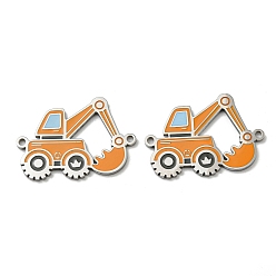 Stainless Steel Color 304 Stainless Steel Enamel Connector Charms, Vehicle Links, Excavator, Orange, Stainless Steel Color, 19x28x1mm, Hole: 1.6mm