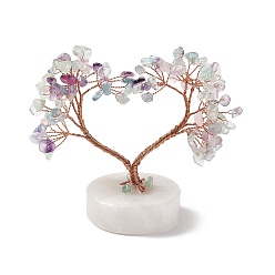 Fluorite Natural Fluorite Chips and Natural White Jade Pedestal Display Decorations, with Rose Gold Plated Brass Wires, Lucky Tree, 52~56x95~110x91~108mm