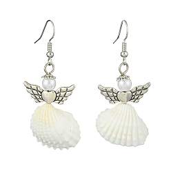 Antique Silver Alloy Fairy Wings Dangle Earrings, Natural Shell Drop Earrings, Antique Silver, 53x22~25mm