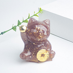 Strawberry Quartz Resin Fortune Cat Display Decoration, with Natural Strawberry Quartz Chips inside Statues for Home Office Decorations, 55x40x60mm