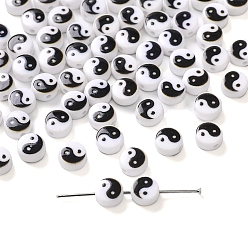 Белый 5 непрозрачные акриловые бусины, плоские круглые с инь-янь, белые, 7x4 мм, отверстие : 1 мм