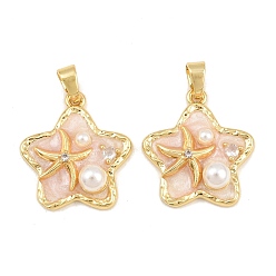 Pink Brass Enamel Pendants, with ABS Plastic Imitation Pearl, Star with Starfish Charms, Real 18K Gold Plated, Pink, 22x20x5.5mm, Hole: 5x4mm