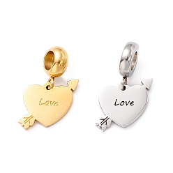 Golden & Stainless Steel Color 304 Stainless Steel European Dangle Charms, Large Hole Pendants, Heart with Arrow & Word Love, Golden & Stainless Steel Color, 21.5mm, Hole: 4.5mm