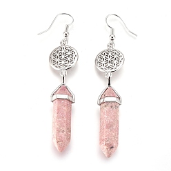 Rhodochrosite Pointed Bullet Natural Rhodochrosite Dangle Earrings, with Brass Earring Hooks and Flat Round with Flower of Life Links, Platinum, 77mm, Pin: 0.7mm