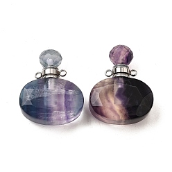 Флюорит Подвески для флаконов духов из натурального флюорита, с 304 фурнитурой из нержавеющей стали, граненые, овальные амулеты, цвет нержавеющей стали, 32~33x25~26x10.5~11.5 мм, отверстие : 1.9 мм