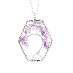 Amethyst Natural Amethyst Chips Beaded Hexagon with Tree Pendant Necklaces, with Platinum Brass Chains, 20.87 inch(53cm)
