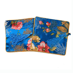 Bleu Ciel Foncé En tissu carré rétro pochettes, avec pompon et motif fleuri, bleu profond du ciel, 11.5x11.5 cm