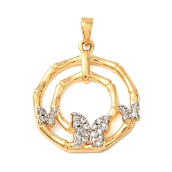 Oro Latón micro pavimenta claro colgantes de circonio cúbico, Anillo de bambú con colgantes de mariposa, dorado, 25x22x3.5 mm, agujero: 4x2.5 mm