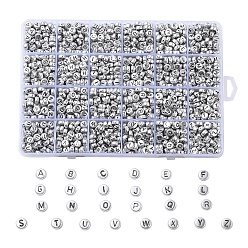 Letter A~Z Silver Color Plated Acrylic Beads, Horizontal Hole, Flat Round, Letter A~Z, 7x3.5mm, Hole: 1mm, about 1728pcs/box