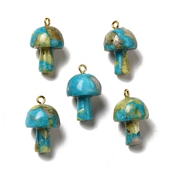 Dark Turquoise Natural Quartz Pendants, Mushroom Charms, Dyed & Heated, with Golden Plated Alloy Loops and Natural Opal , Dark Turquoise, 25~30x16~16.5x16~16.5mm, Hole: 1.5~2mm