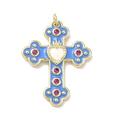 Синий Латунные микро проложить кубического циркония подвески, с эмалью, крест прелести, долговечный, без кадмия и без свинца, стойки покрытие, реальный 18 k позолоченный, синие, 31.5x25x3 мм, Перейти кольцо: 5x1 мм, внутренний диаметр: 3 мм